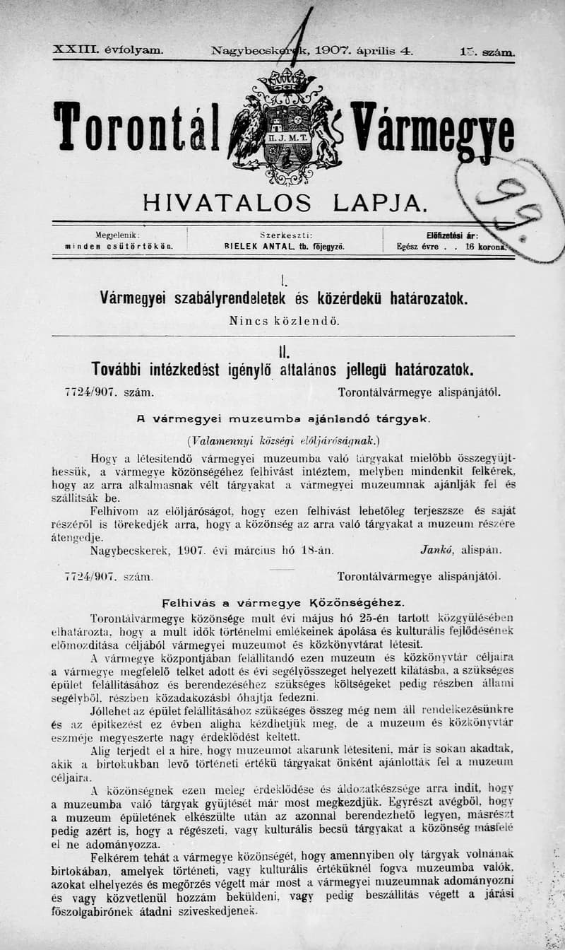 Torontál Vármegye Hivatalos Lapja, 23. évf. 1907. április 4. 15. sz.
