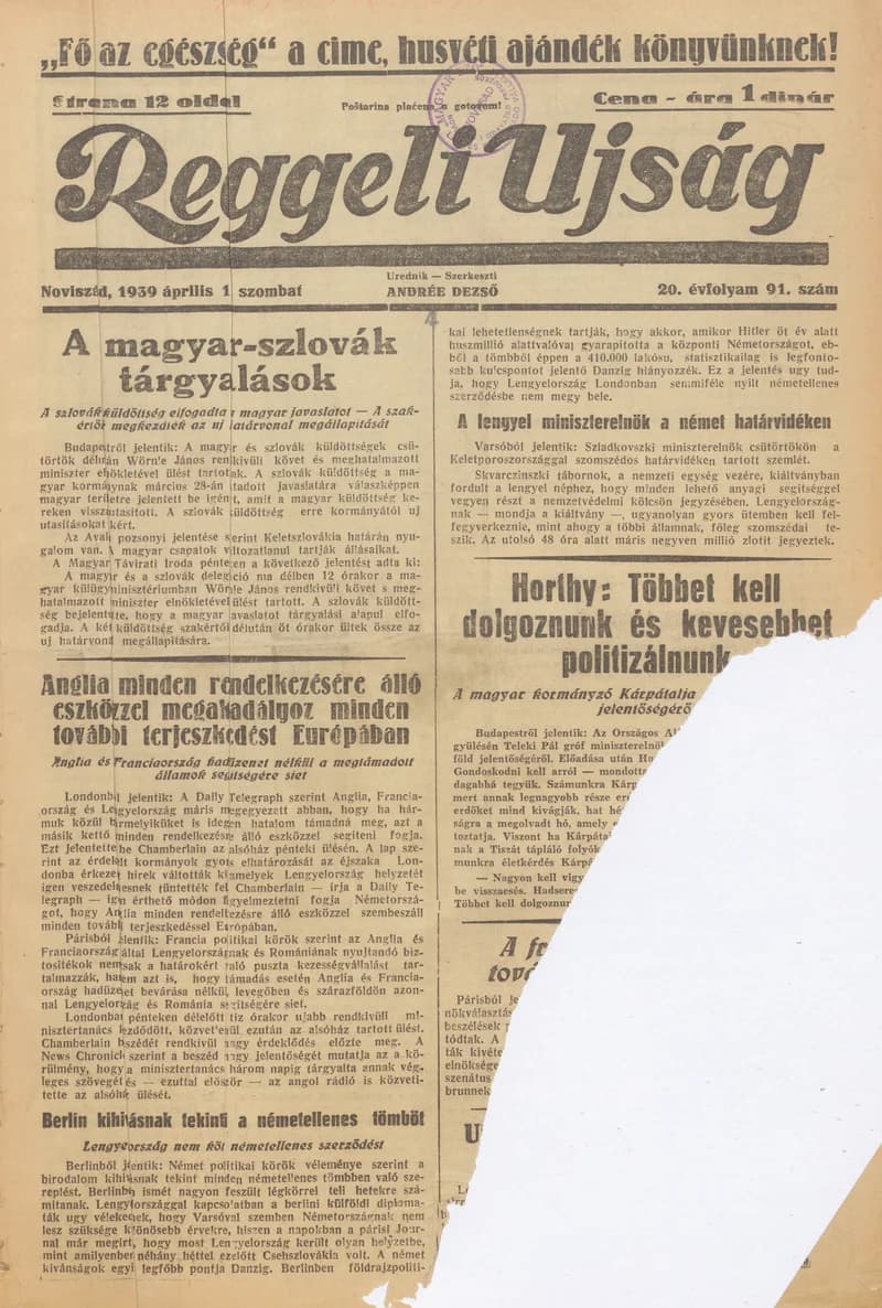 Reggeli Újság, 20. évf. 1939. április 1. 91. sz.