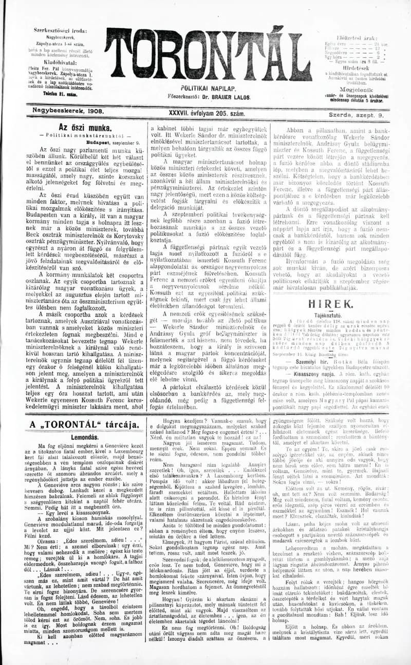 Torontál, 37. évf. 1908. szeptember 9. 205. sz.