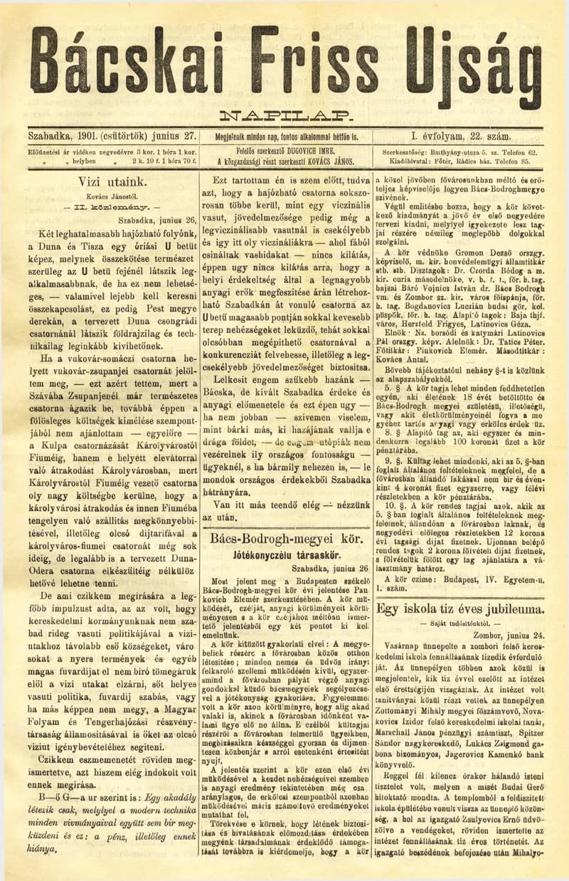 Bácskai Friss Ujság, 1. évf. 1901. június 27. 22. sz.
