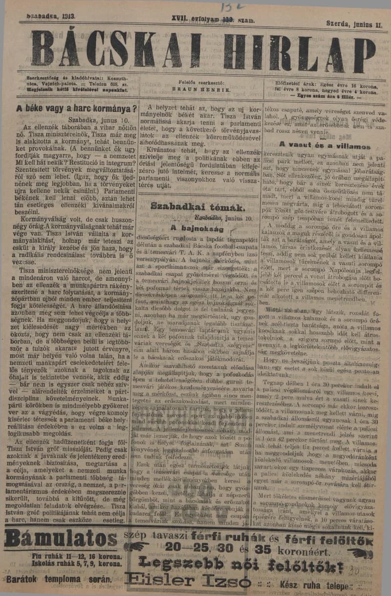 Bácskai Hirlap, 17. évf. 1913. június 11. 132. sz.