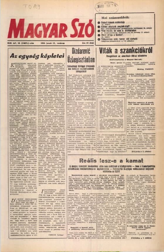 Magyar Szó, 43. évf. 1986. január 12. 10. sz. 1–28. oldal
