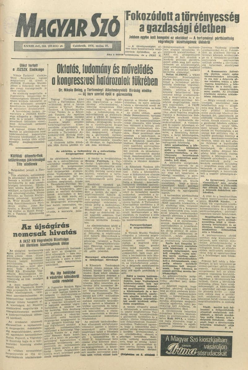 Magyar Szó, 33. évf. 1976. május 27. 144. sz. 1–20. oldal