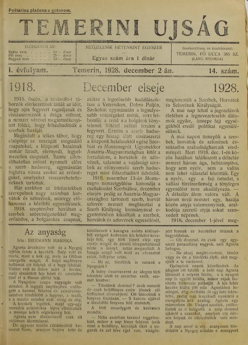 Temerini Újság 1928-1944, 1. évf. 1928. december 2. 14. sz.