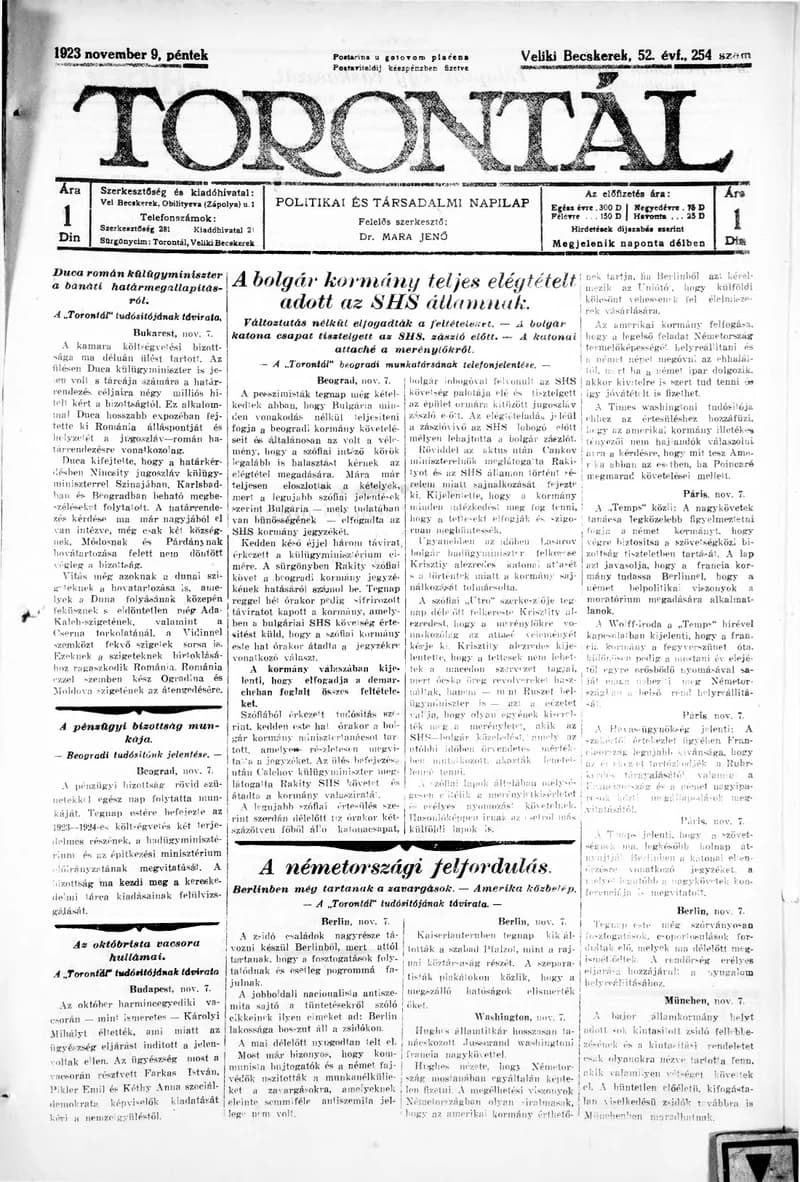 Torontál, 52. évf. 1923. november 9. 254. sz.