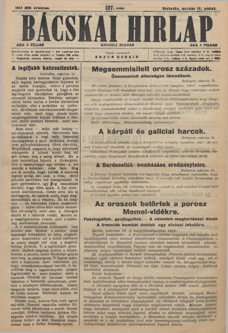 Bácskai Hirlap, 19. évf. 1915. március 19. 127. sz.