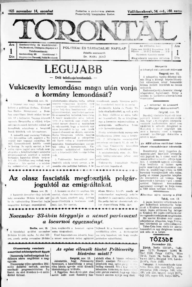 Torontál, 54. évf. 1925. november 14. 260. sz.