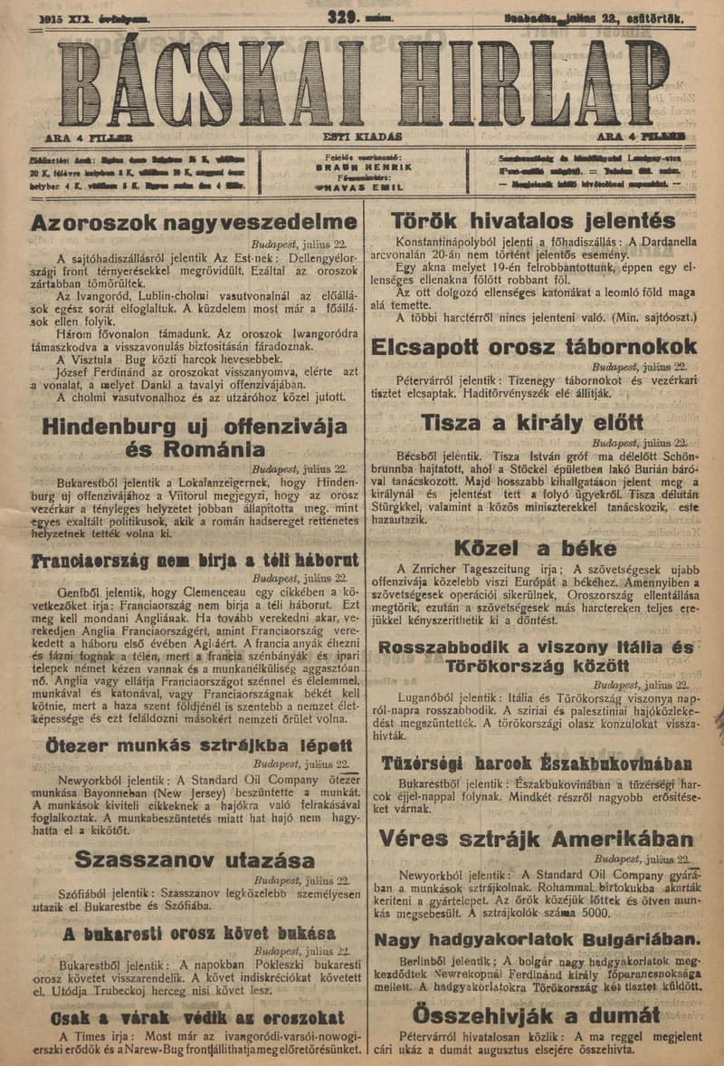 Bácskai Hirlap, 19. évf. 1915. július 22. 329. sz.