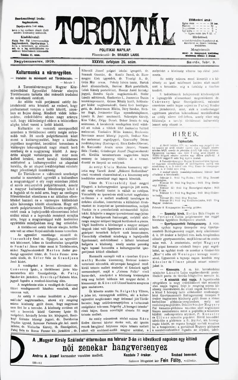 Torontál, 38. évf. 1909. február 3. 26. sz.