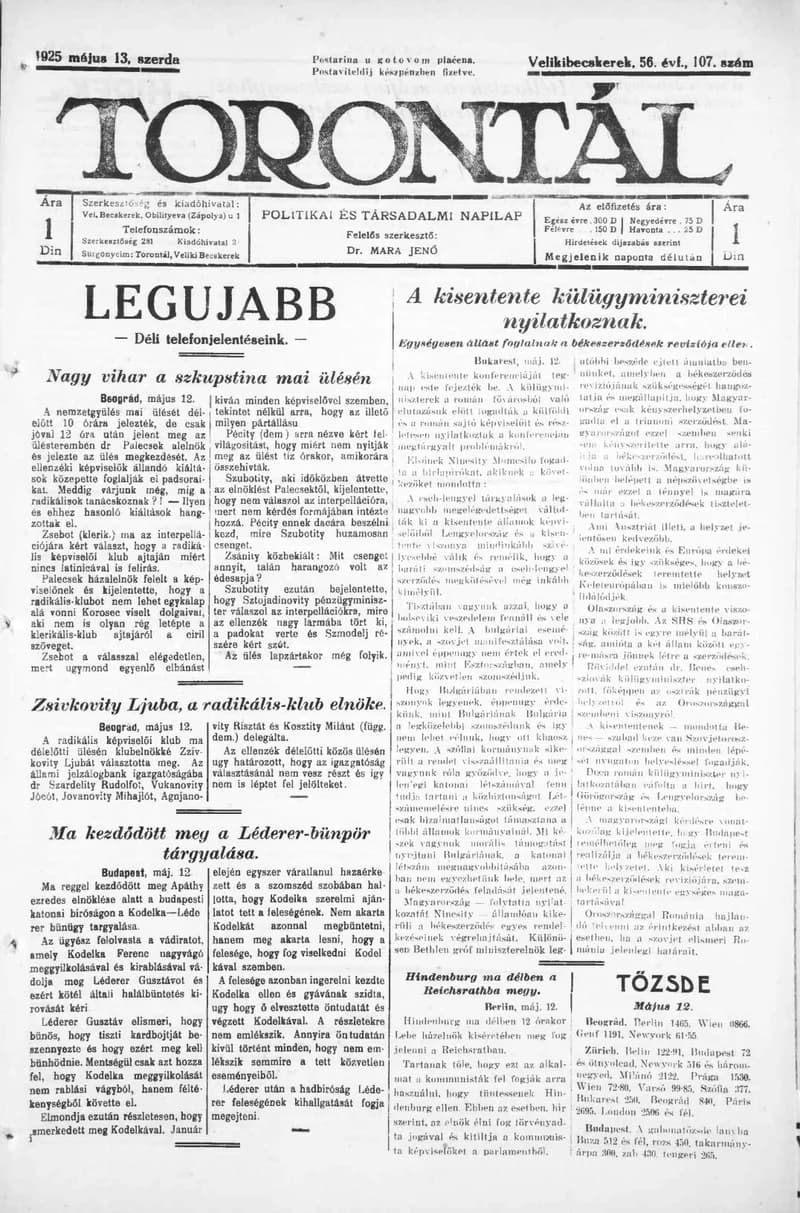 Torontál, 54. évf. 1925. május 13. 107. sz.
