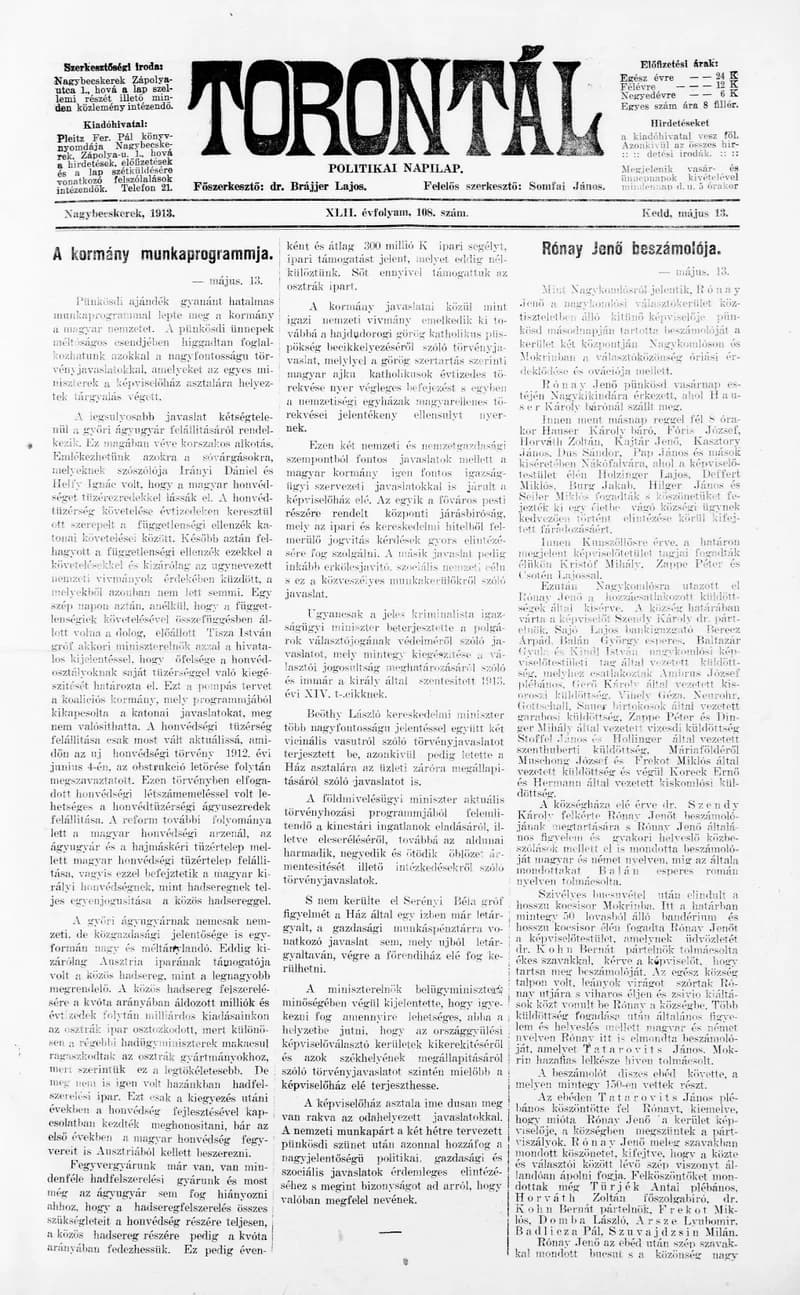 Torontál, 42. évf. 1913. május 13. 108. sz.