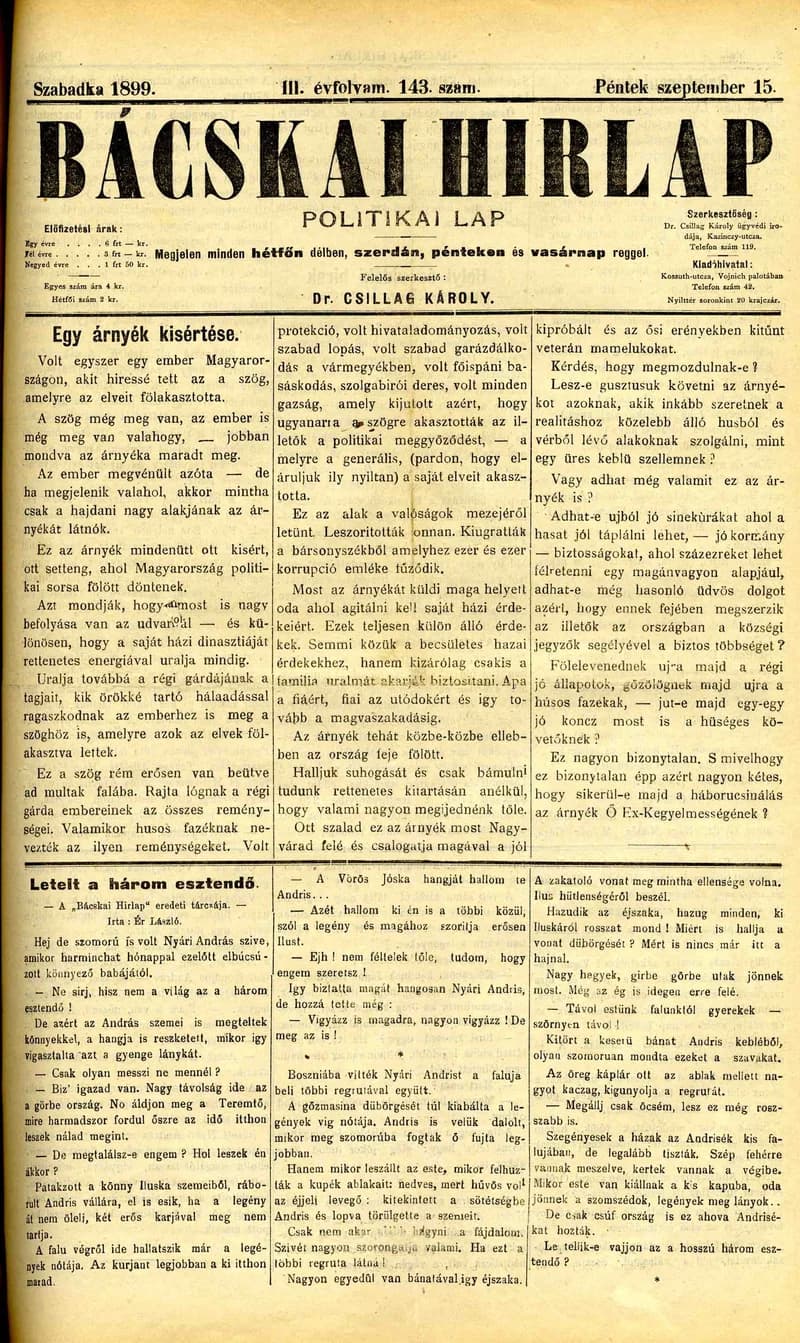 Bácskai Hirlap, 3. évf. 1899. szeptember 15. 143. sz.