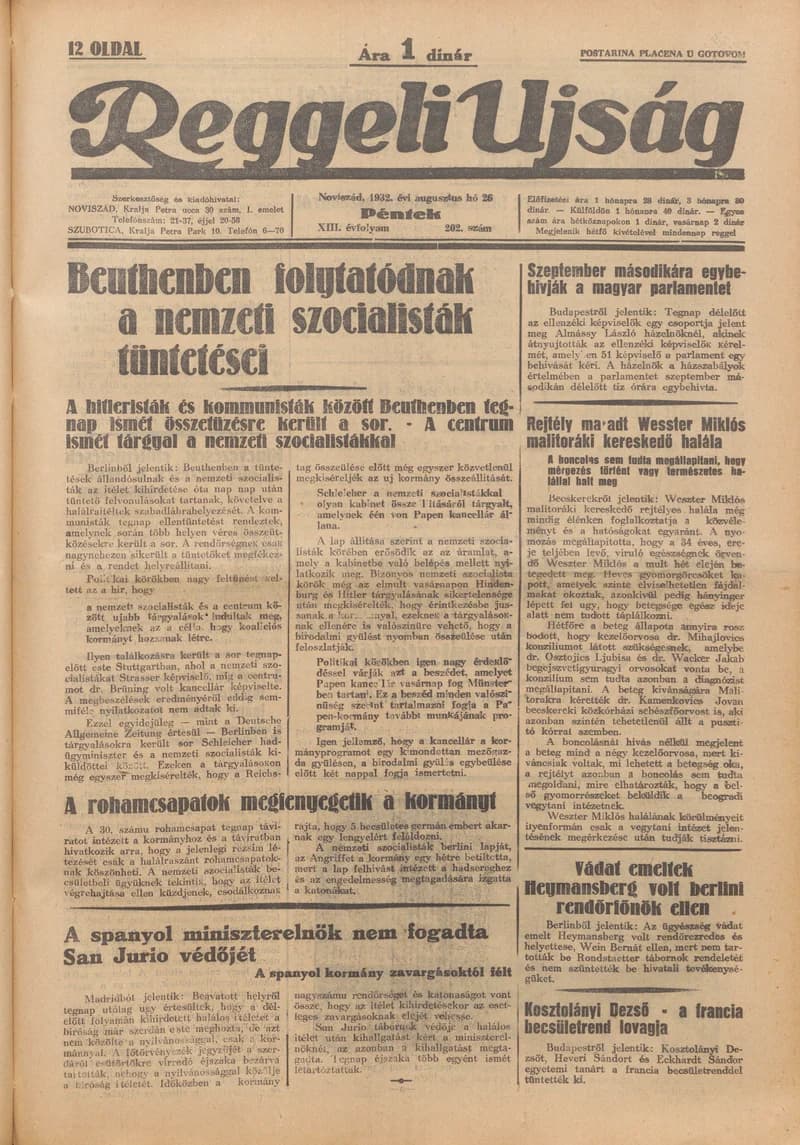 Reggeli Újság, 13. évf. 1932. augusztus 26. 202. sz.