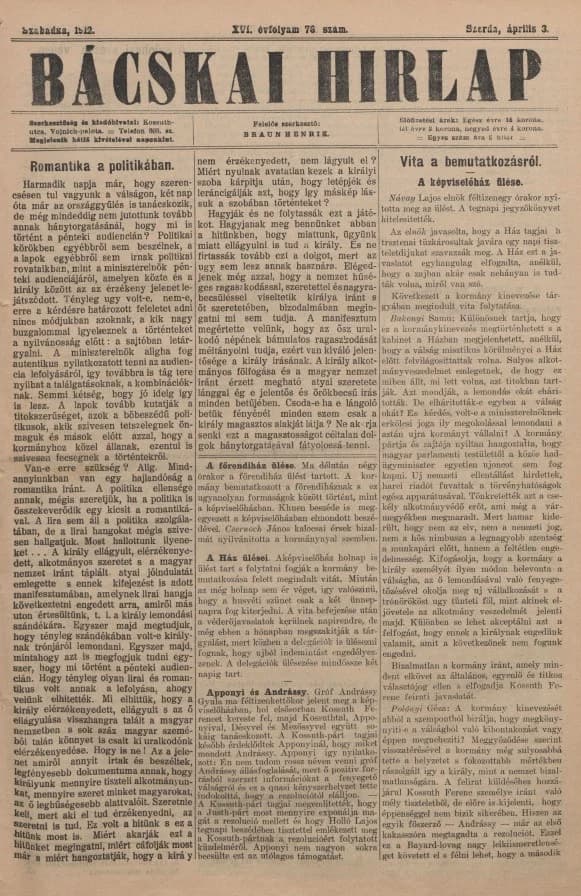 Bácskai Hirlap, 16. évf. 1912. április 3. 76. sz.