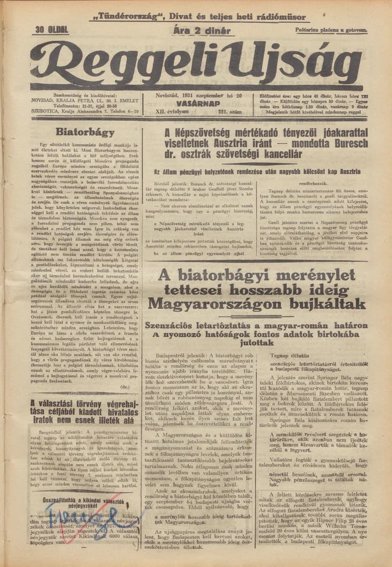 Reggeli Újság, 12. évf. 1931. szeptember 20. 221. sz.