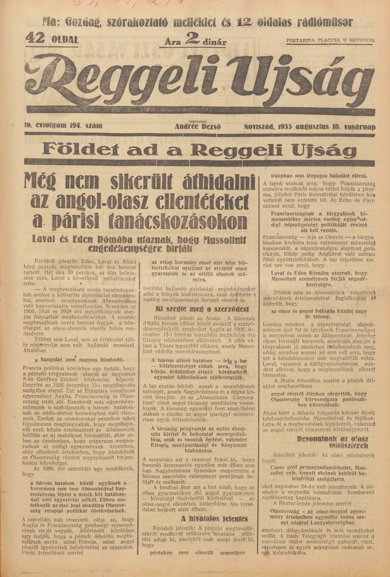 Reggeli Újság, 16. évf. 1935. augusztus 18. 194. sz.