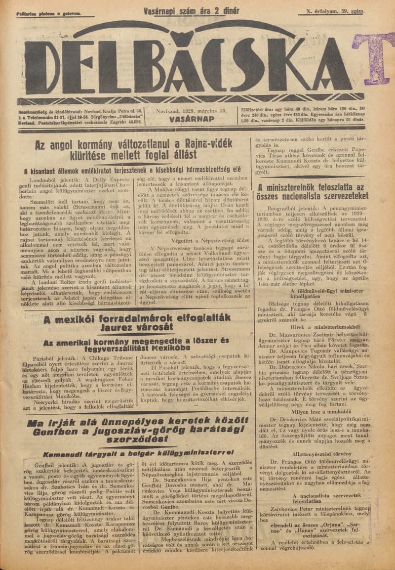 Délbácska, 10. évf. 1929. március 10. 59. sz.