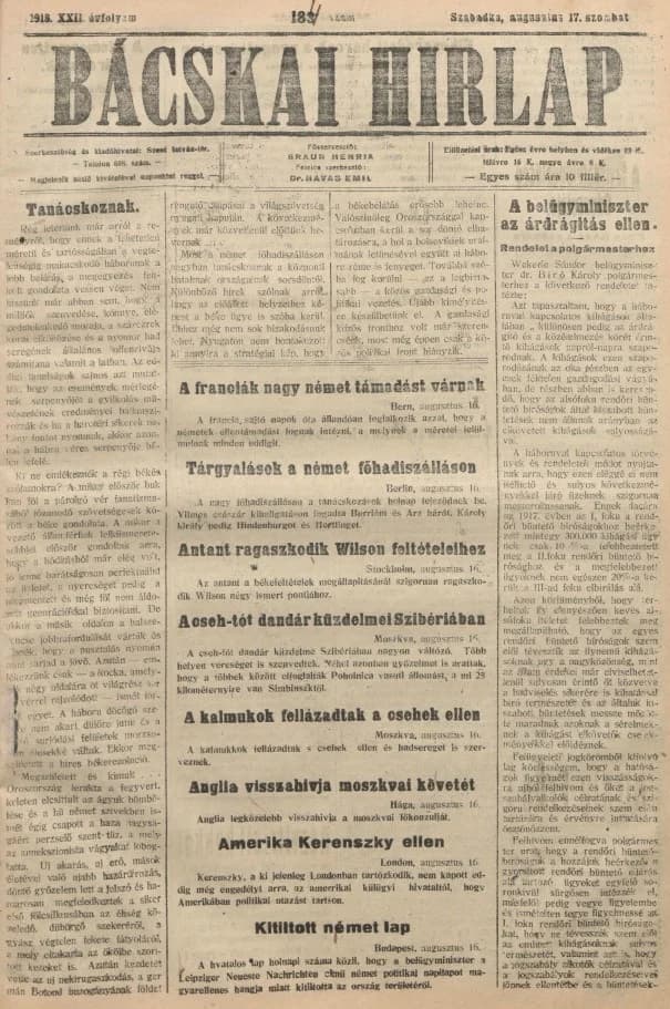 Bácskai Hirlap, 22. évf. 1918. augusztus 17. 184. sz.