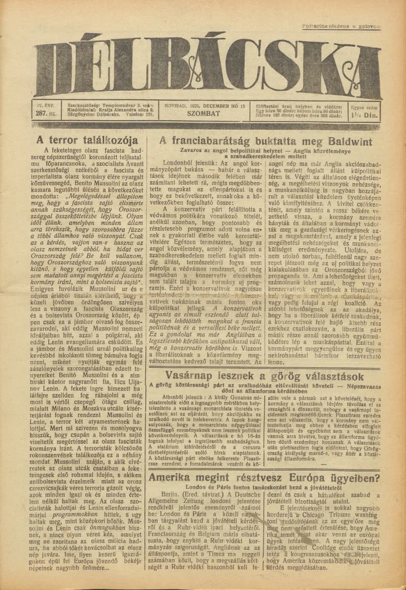 Délbácska, 4. évf. 1923. december 15. 287. sz.
