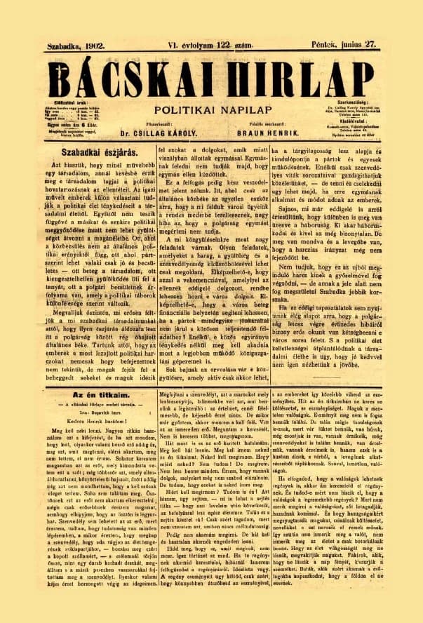 Bácskai Hirlap, 6. évf. 1902. június 27. 122. sz.