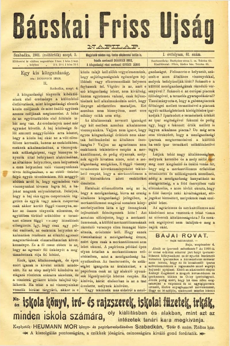 Bácskai Friss Ujság, 1. évf. 1901. szeptember 5. 81. sz.