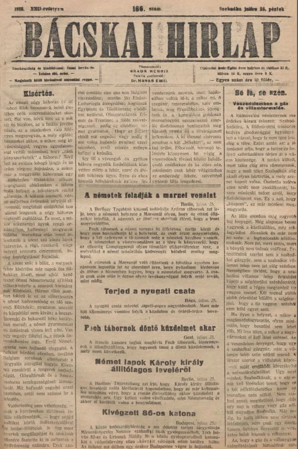 Bácskai Hirlap, 22. évf. 1918. július 26. 166. sz.