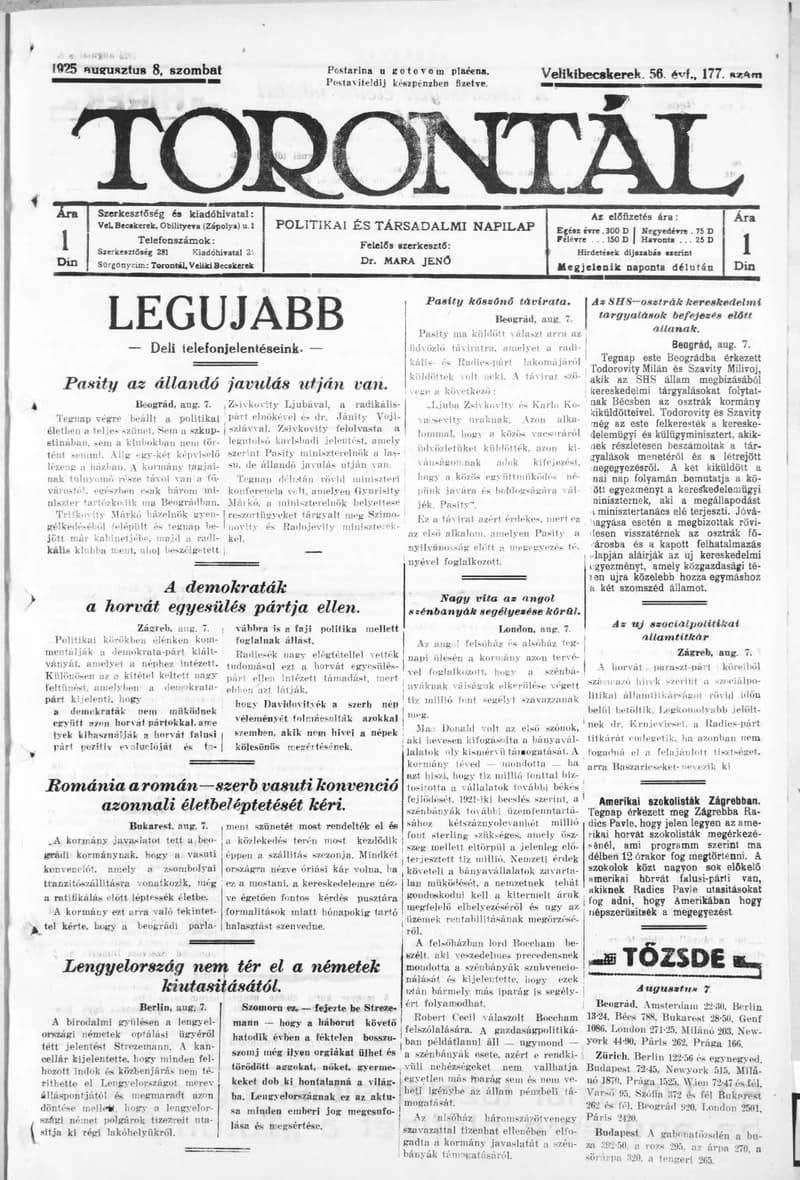 Torontál, 54. évf. 1925. augusztus 8. 177. sz.