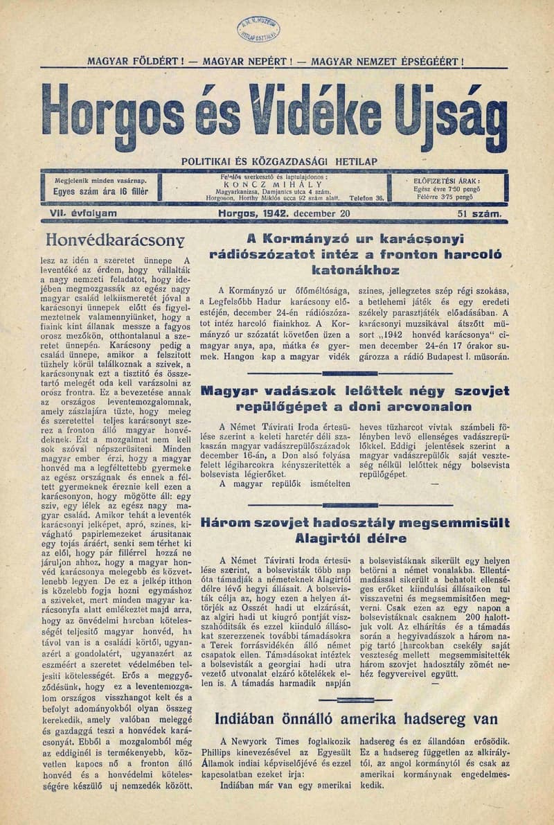 Horgos és vidéke, 7. évf. 1942. december 20. 51. sz.