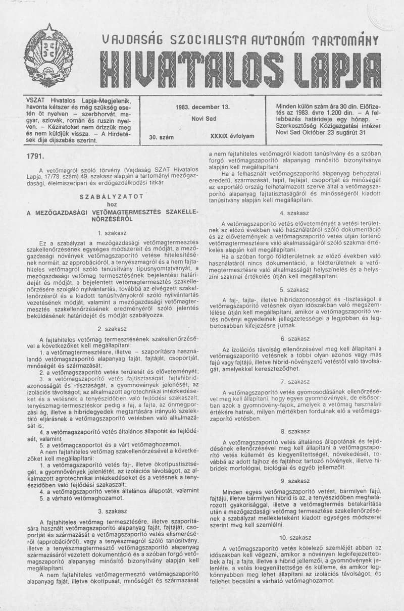Vajdaság Szocialista Autonóm Tartomány Hivatalos Lapja, 39. évf. 1983. december 13. 30. sz.