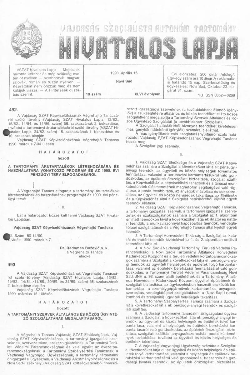 Vajdaság Szocialista Autonóm Tartomány Hivatalos Lapja, 46. évf. 1990. április 16. 10. sz.