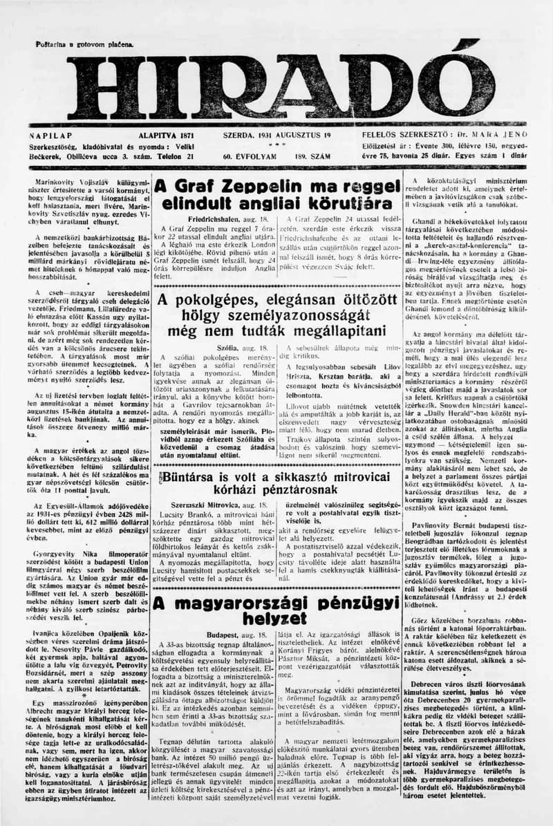 Híradó, 60. évf. 1931. augusztus 19. 189. sz.