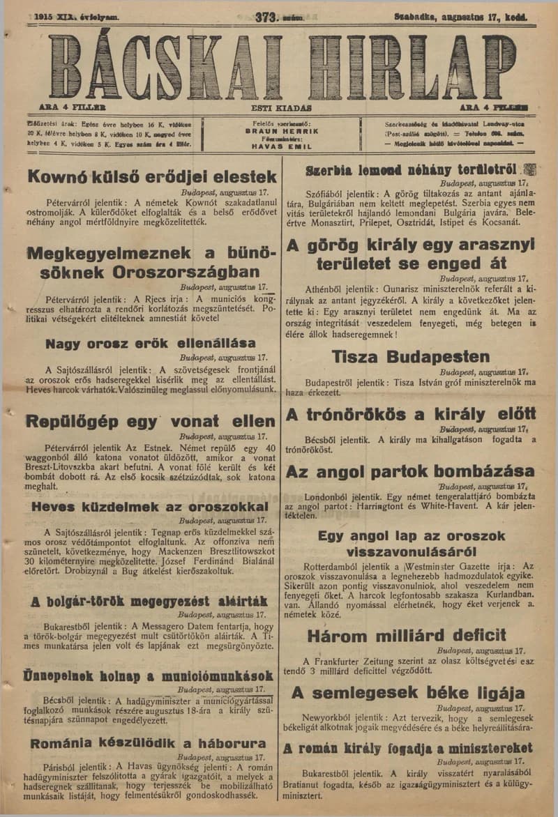 Bácskai Hirlap, 19. évf. 1915. augusztus 17. 373. sz.