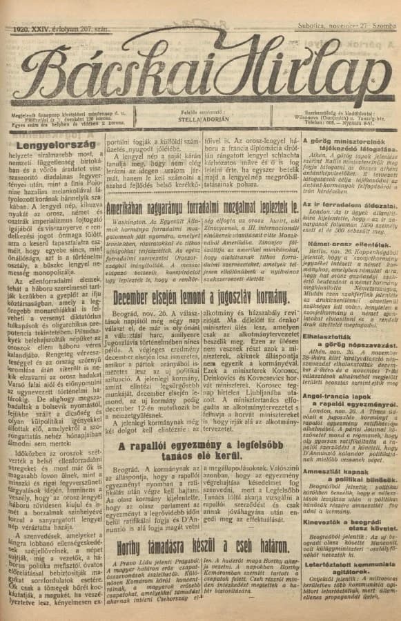 Bácskai Hirlap, 24. évf. 1920. november 27. 207. sz.