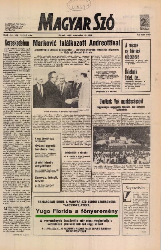 Magyar Szó, 46. évf. 1989. szeptember 18. 256. sz. 1–20. oldal