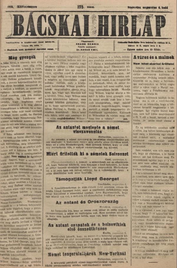 Bácskai Hirlap, 22. évf. 1918. augusztus 6. 175. sz.