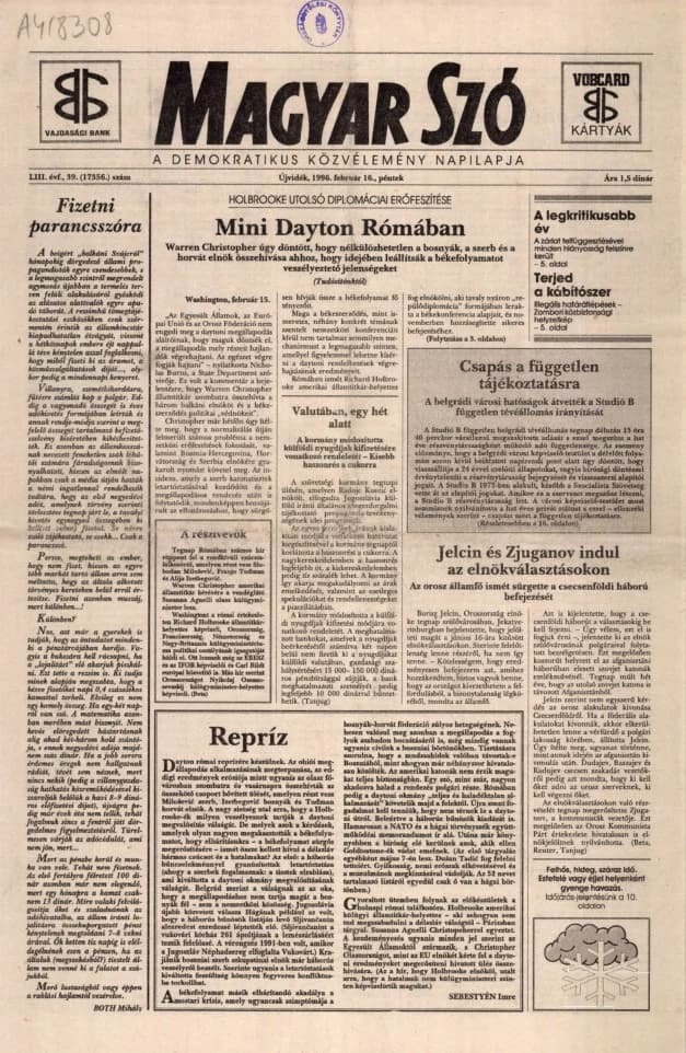 Magyar Szó, 53. évf. 1996. február 16. 39. sz. 1–16. oldal