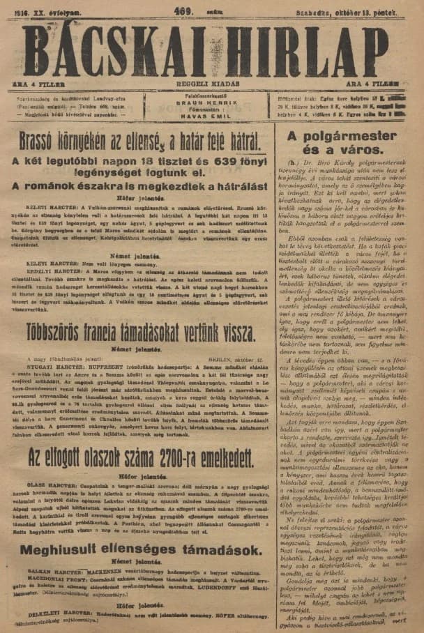 Bácskai Hirlap, 20. évf. 1916. október 13. 469. sz.