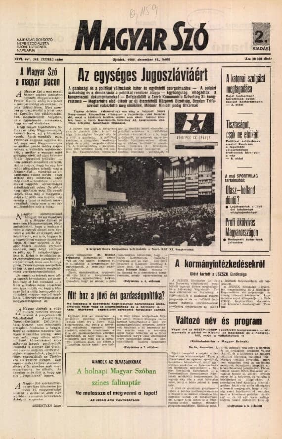 Magyar Szó, 46. évf. 1989. december 18. 345. sz. 1–20. oldal