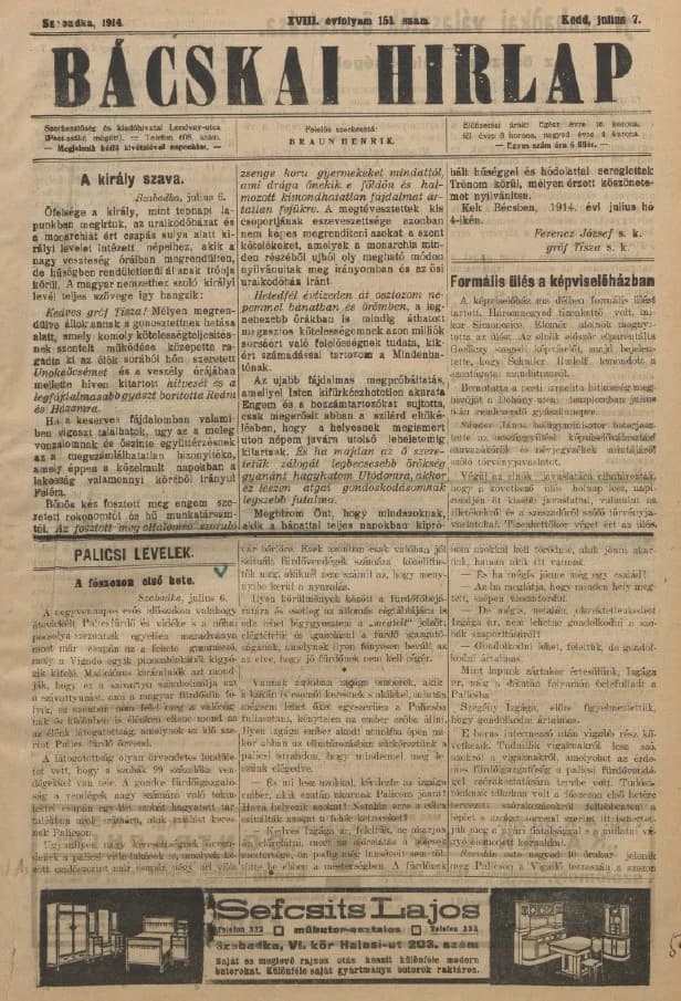 Bácskai Hirlap, 18. évf. 1914. július 7. 151. sz.