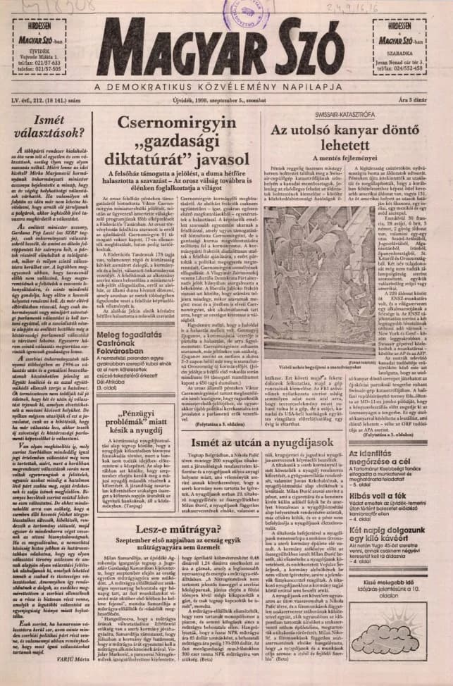 Magyar Szó, 55. évf. 1998. szeptember 5. 212. sz. 1–16. oldal