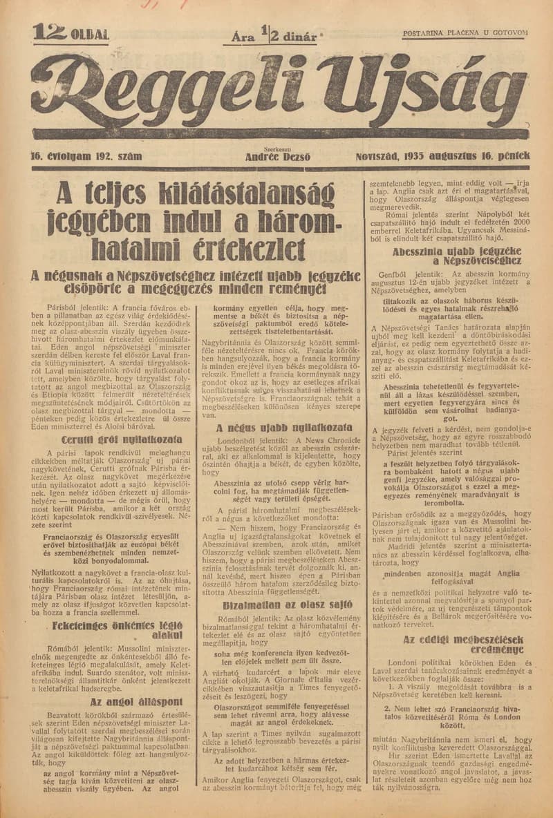 Reggeli Újság, 16. évf. 1935. augusztus 16. 192. sz.