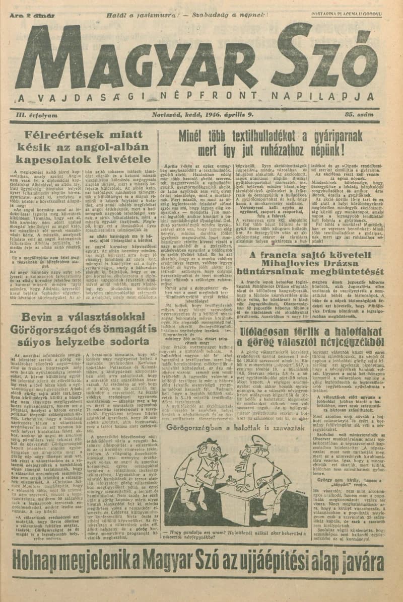 Magyar Szó, 3. évf. 1946. április 9. 85. sz. 1–6. oldal