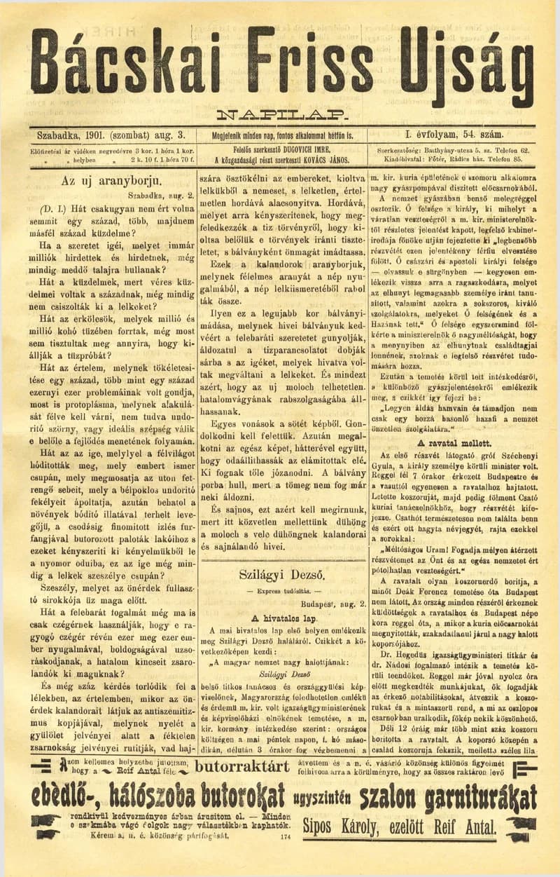 Bácskai Friss Ujság, 1. évf. 1901. augusztus 3. 54. sz.
