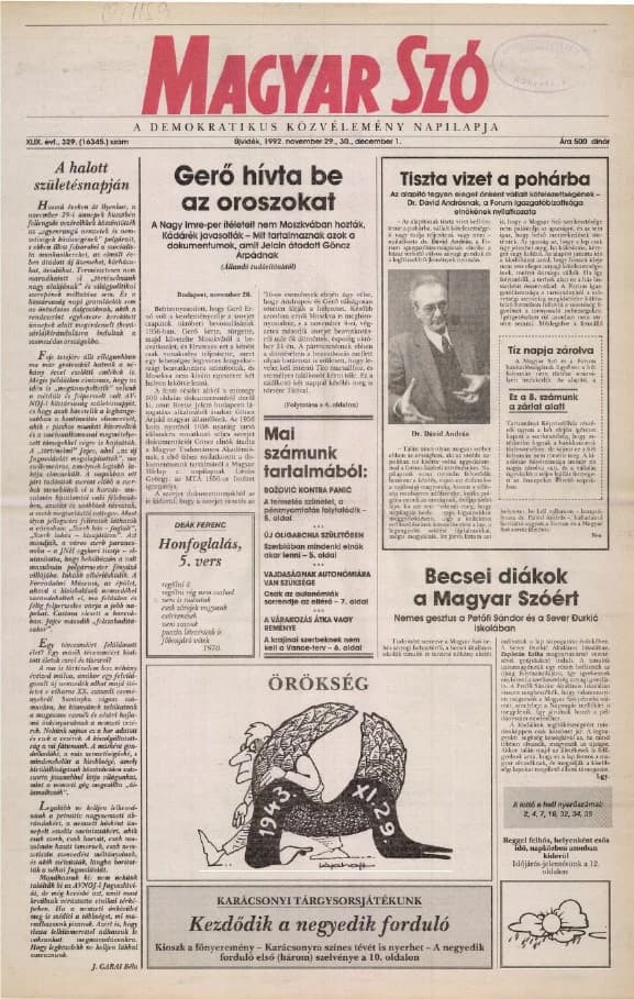 Magyar Szó, 49. évf. 1992. november 29. – december 1. 329. sz. 1–28. oldal