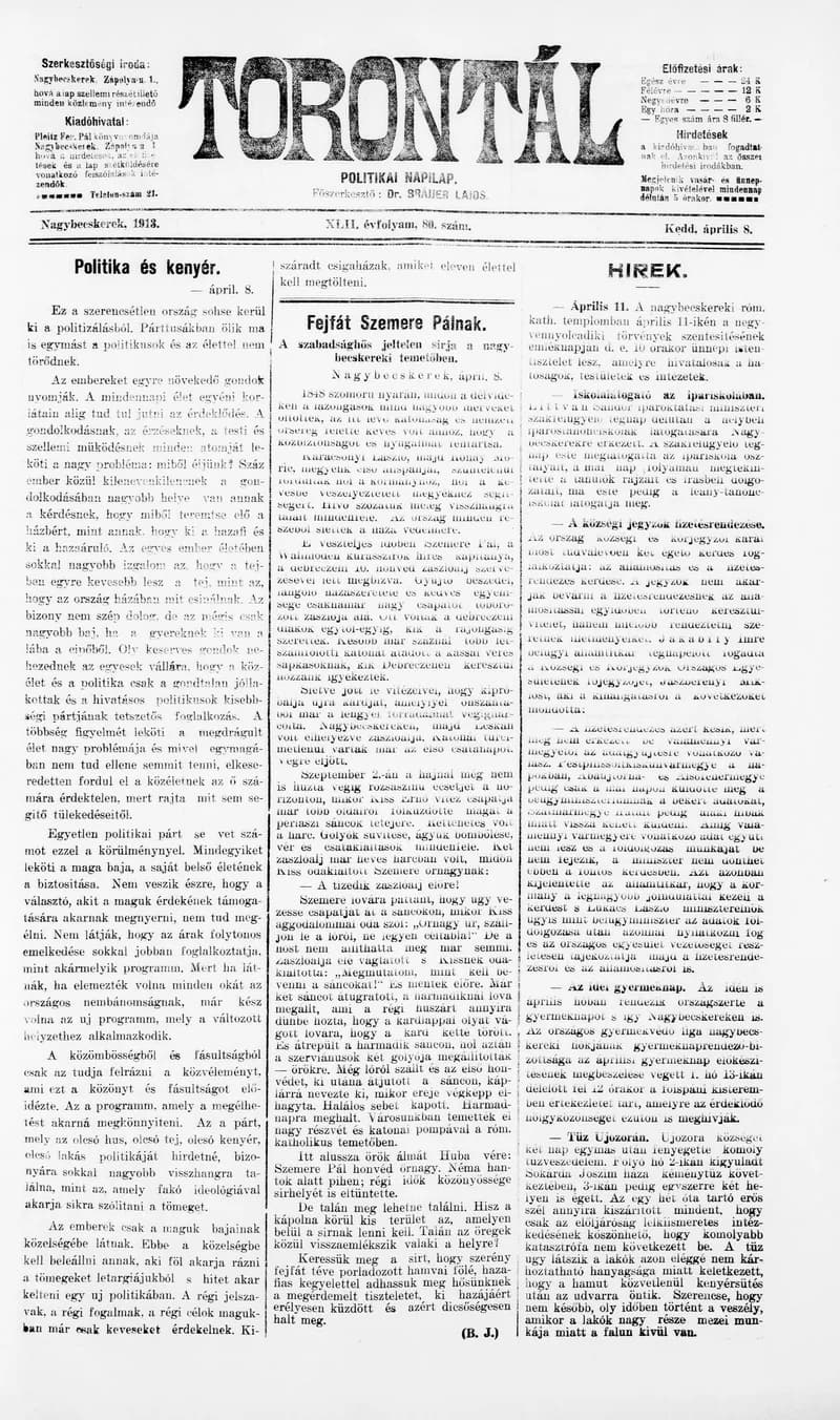 Torontál, 42. évf. 1913. április 8. 80. sz.