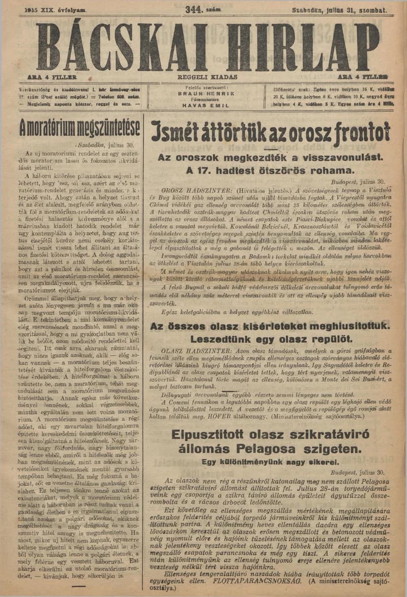 Bácskai Hirlap, 19. évf. 1915. július 31. 344. sz.