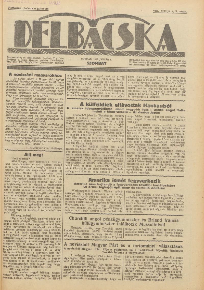 Délbácska, 8. évf. 1927. január 8. 5. sz.