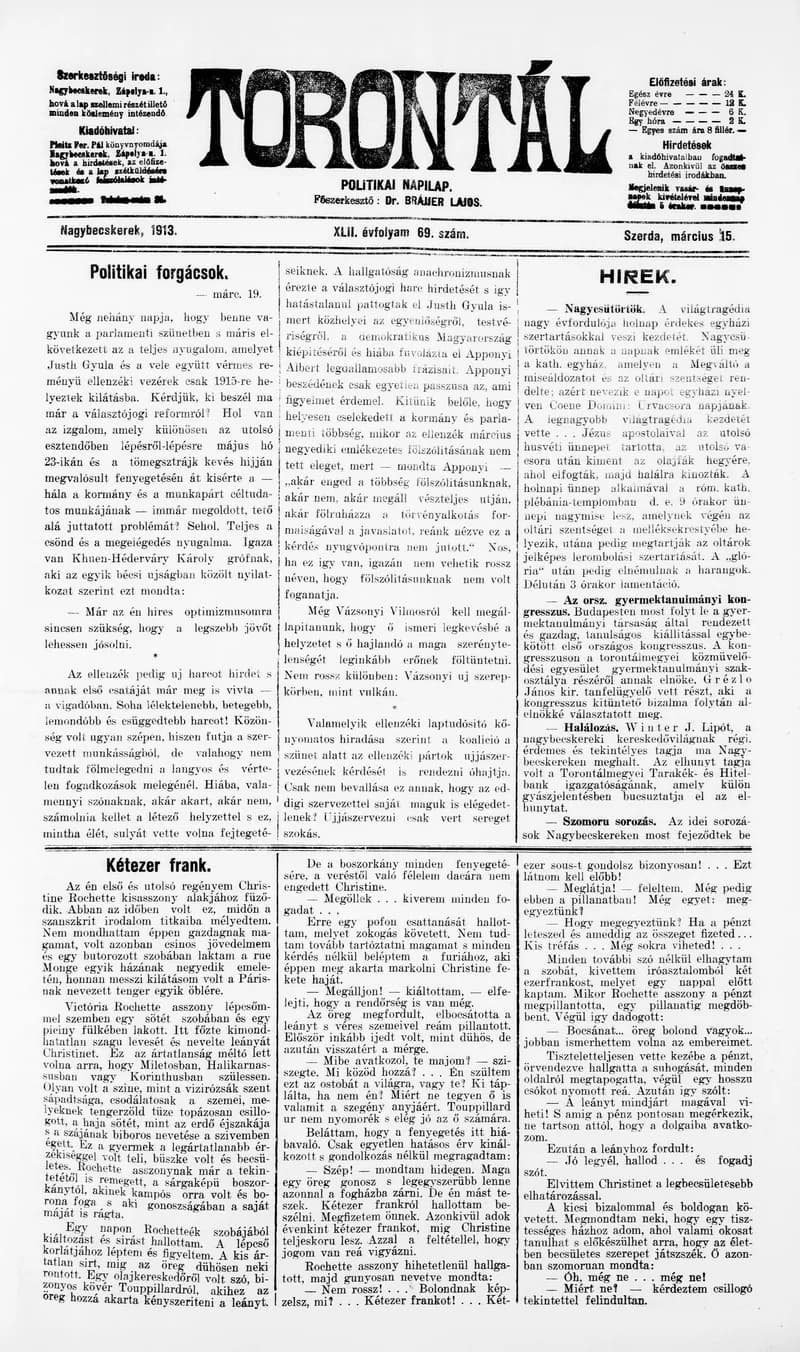 Torontál, 42. évf. 1913. március 25. 69. sz.
