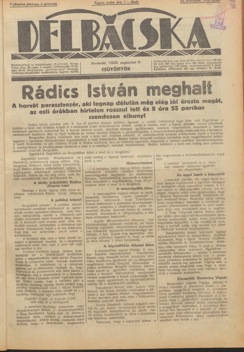 Délbácska, 9. évf. 1928. augusztus 9. 183. sz.