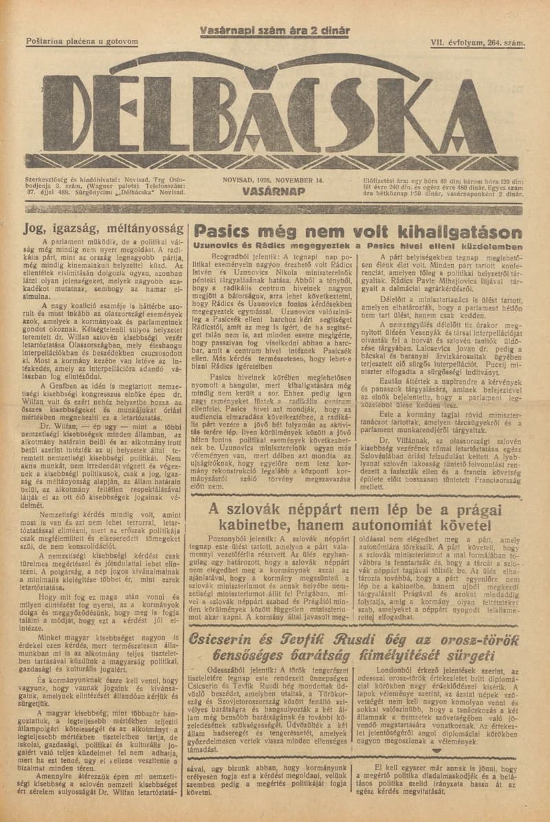 Délbácska, 7. évf. 1926. november 14. 264. sz.